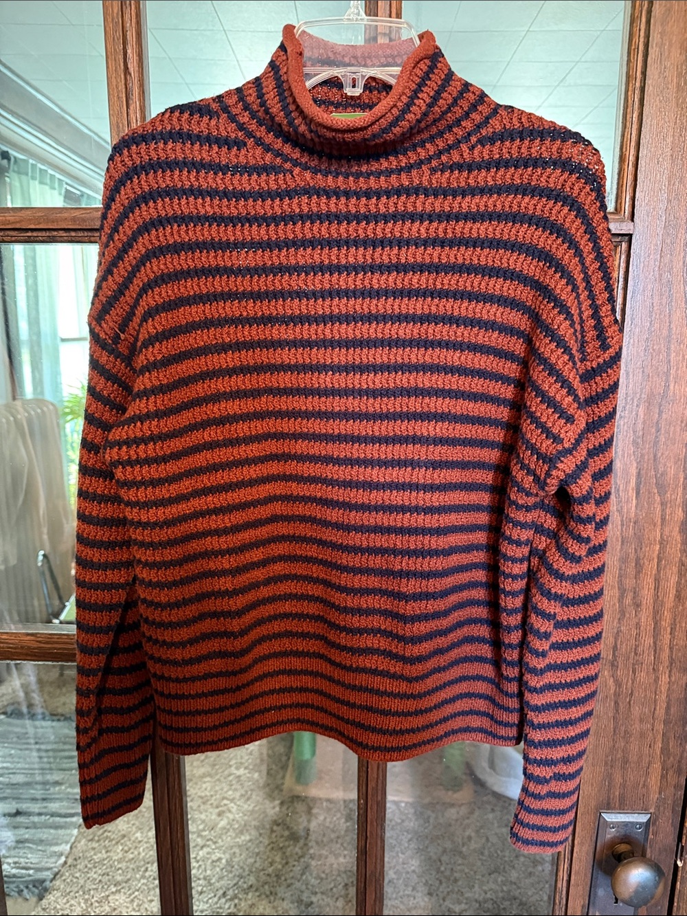 Time and Tru Womens M Striped Mock Neck Sweater Rust Orange Navy Blue Pullover